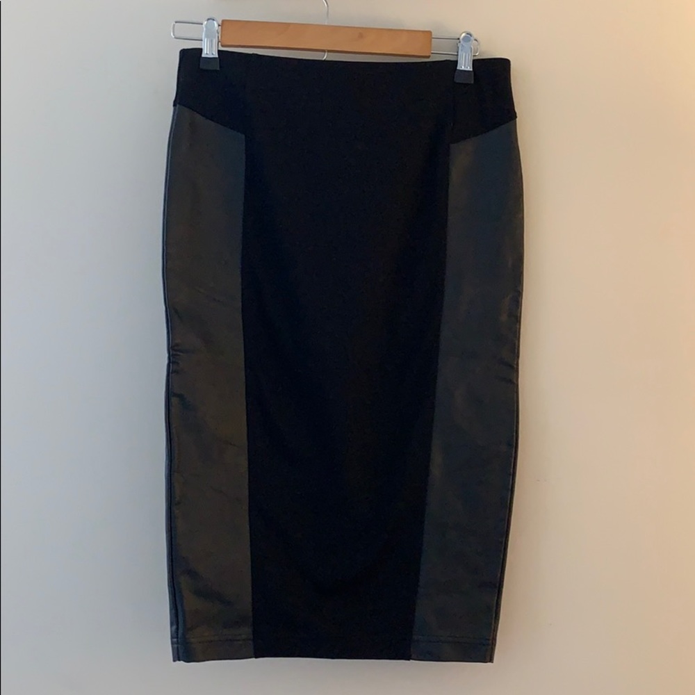 Black Midi Pencil Skirt w/Faux Leather Sides